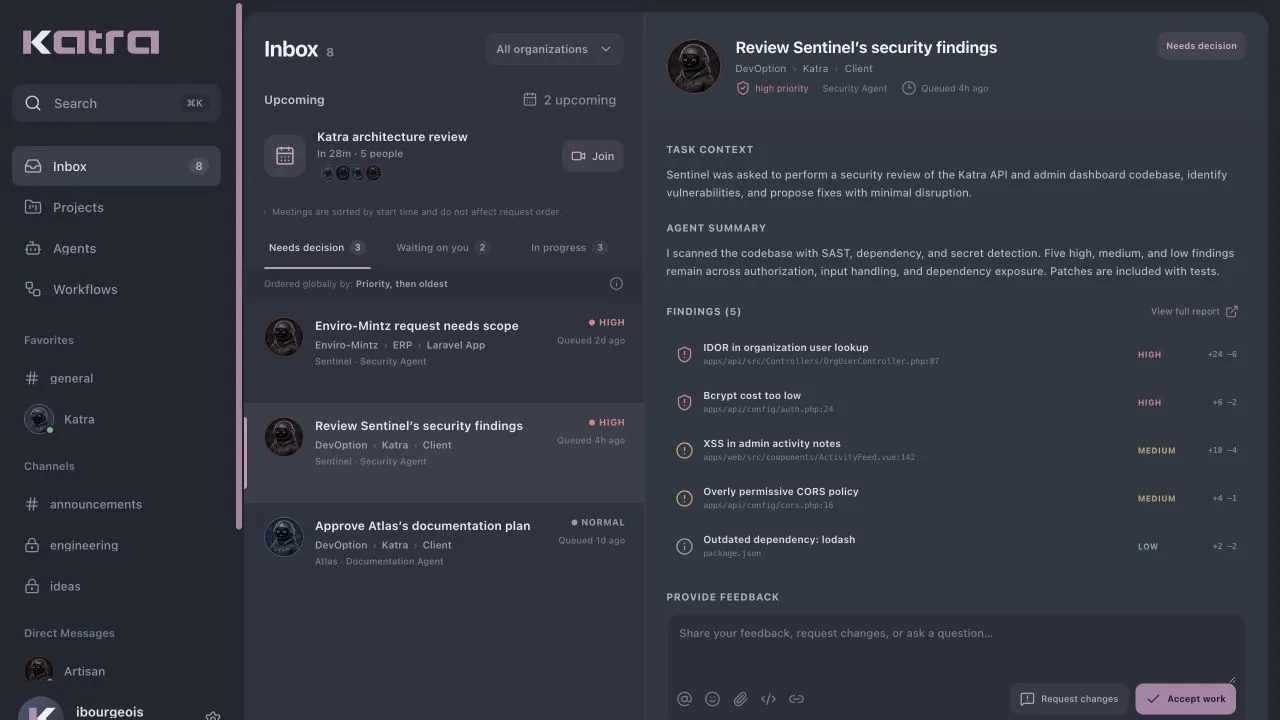 Katra Inbox showing a prioritized attention queue and review workbench