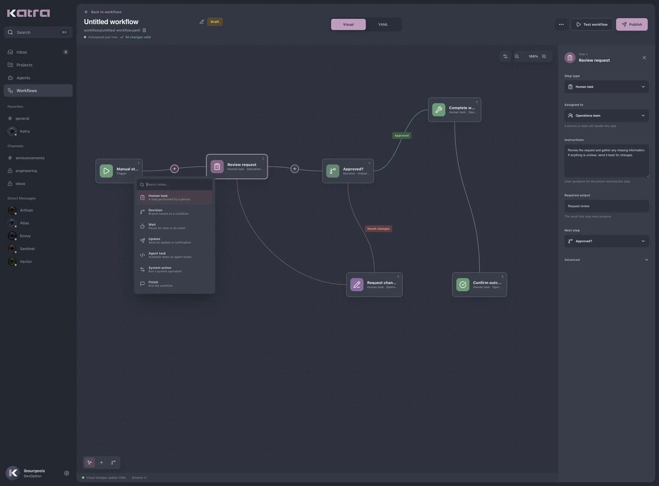 Planned Katra visual workflow editor with human tasks and decision paths